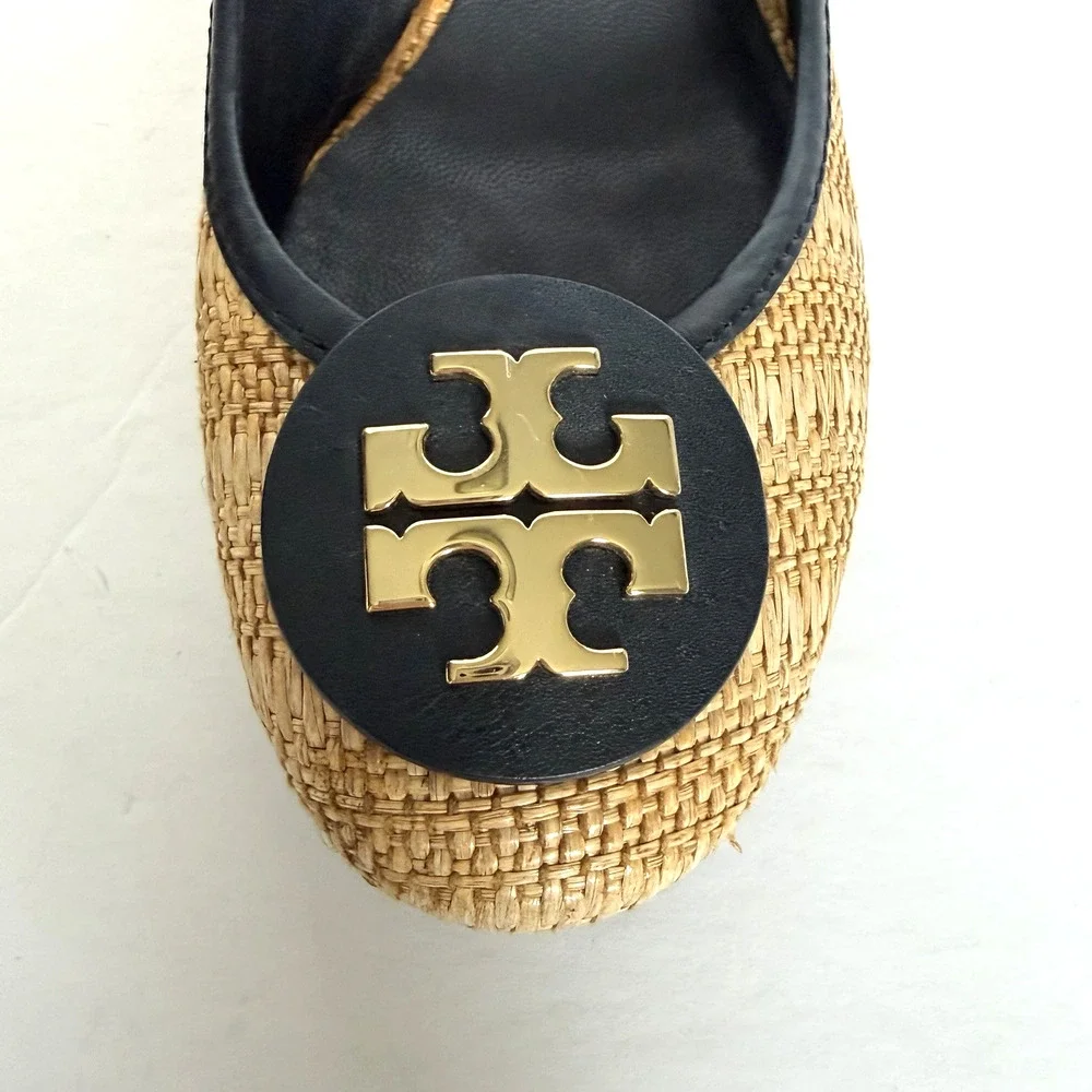Tory Burch Sally Raffia Wedge Heel Shoes Size 11 Black Leather Lg Logo Career